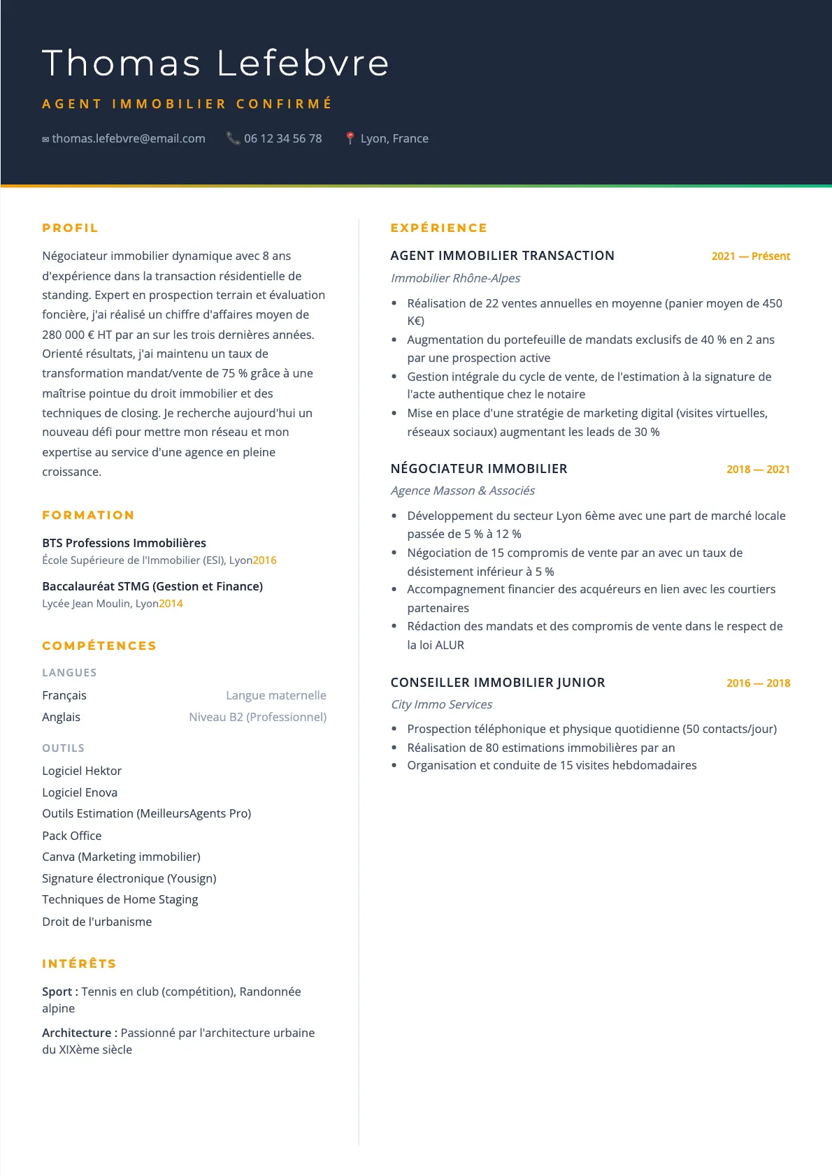 Exemple de CV Agent Immobilier Confirmé (modèle executive) créé avec CV Boost