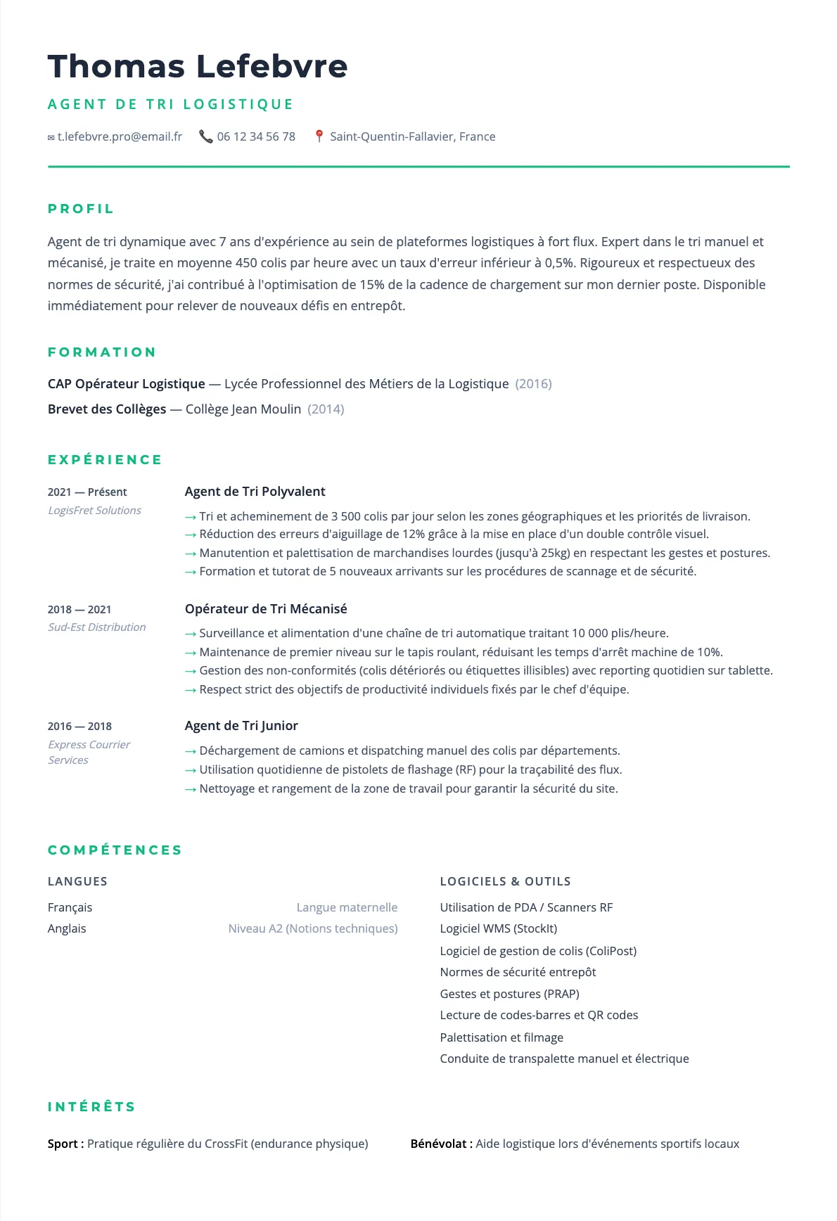 Exemple de CV Agent de Tri Logistique (modèle minimaliste) créé avec CV Boost