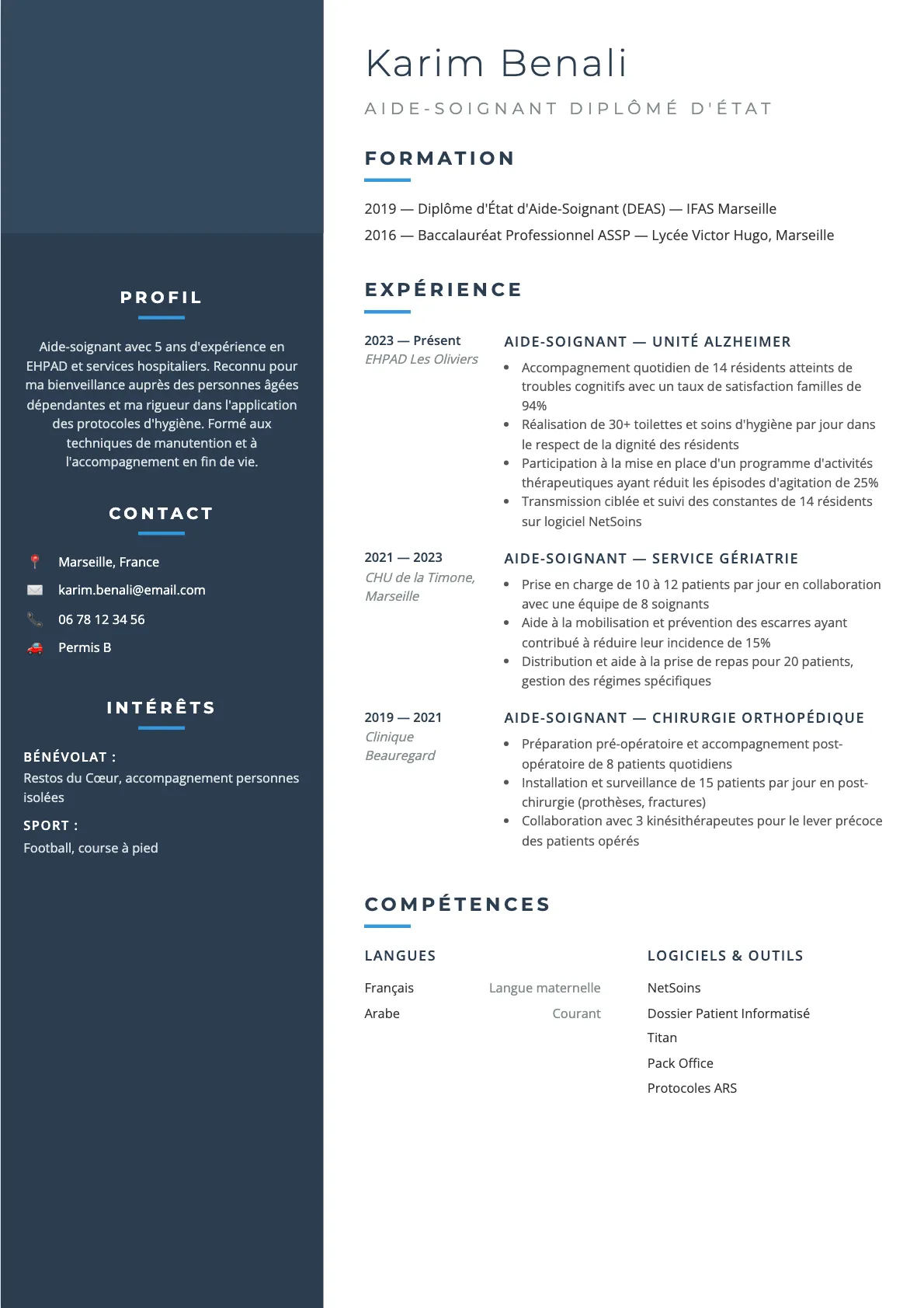 Exemple de CV Aide-Soignant Diplômé d'État (modèle classique) créé avec CV Boost