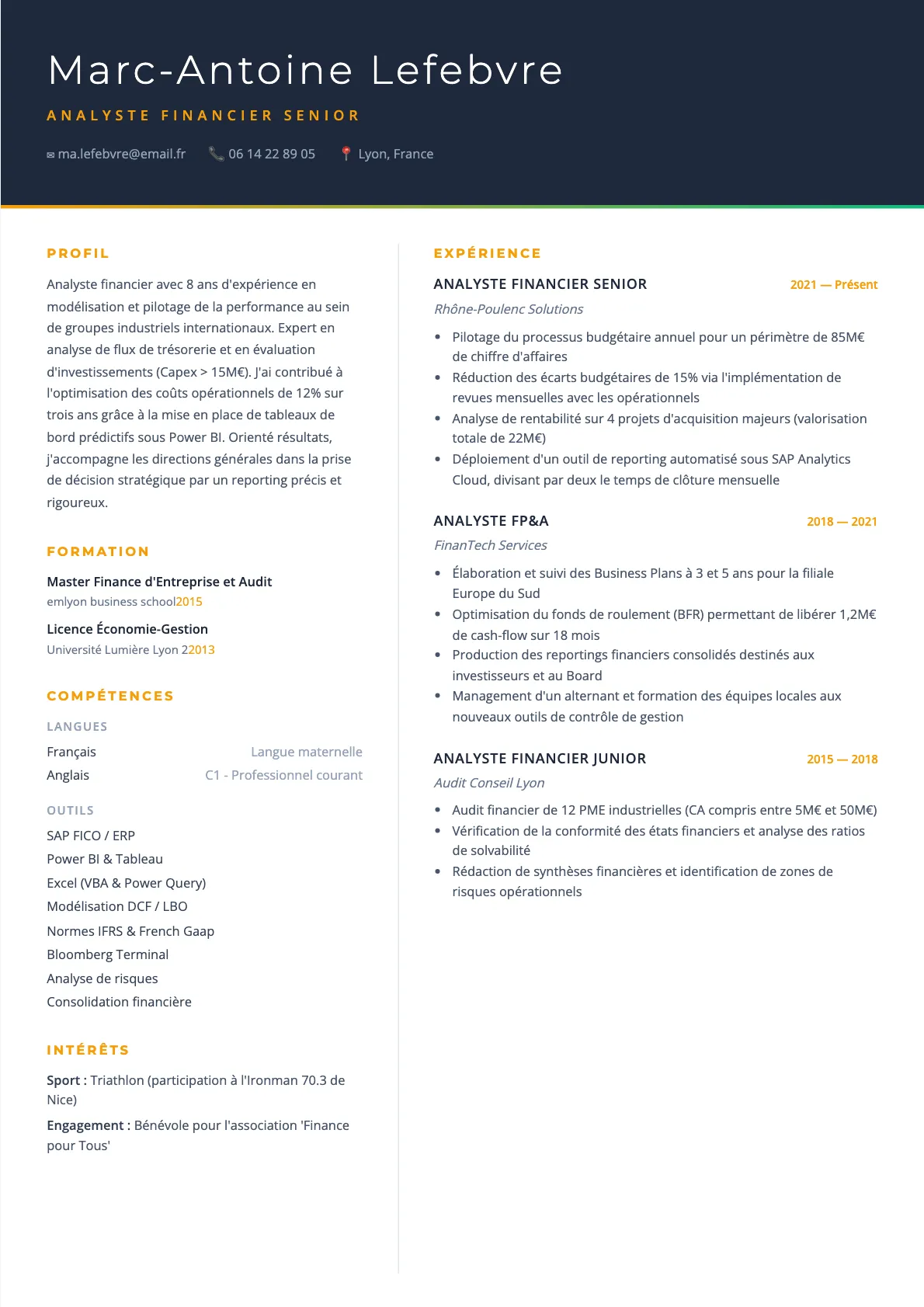 Exemple de CV Analyste Financier Senior (modèle executive) créé avec CV Boost