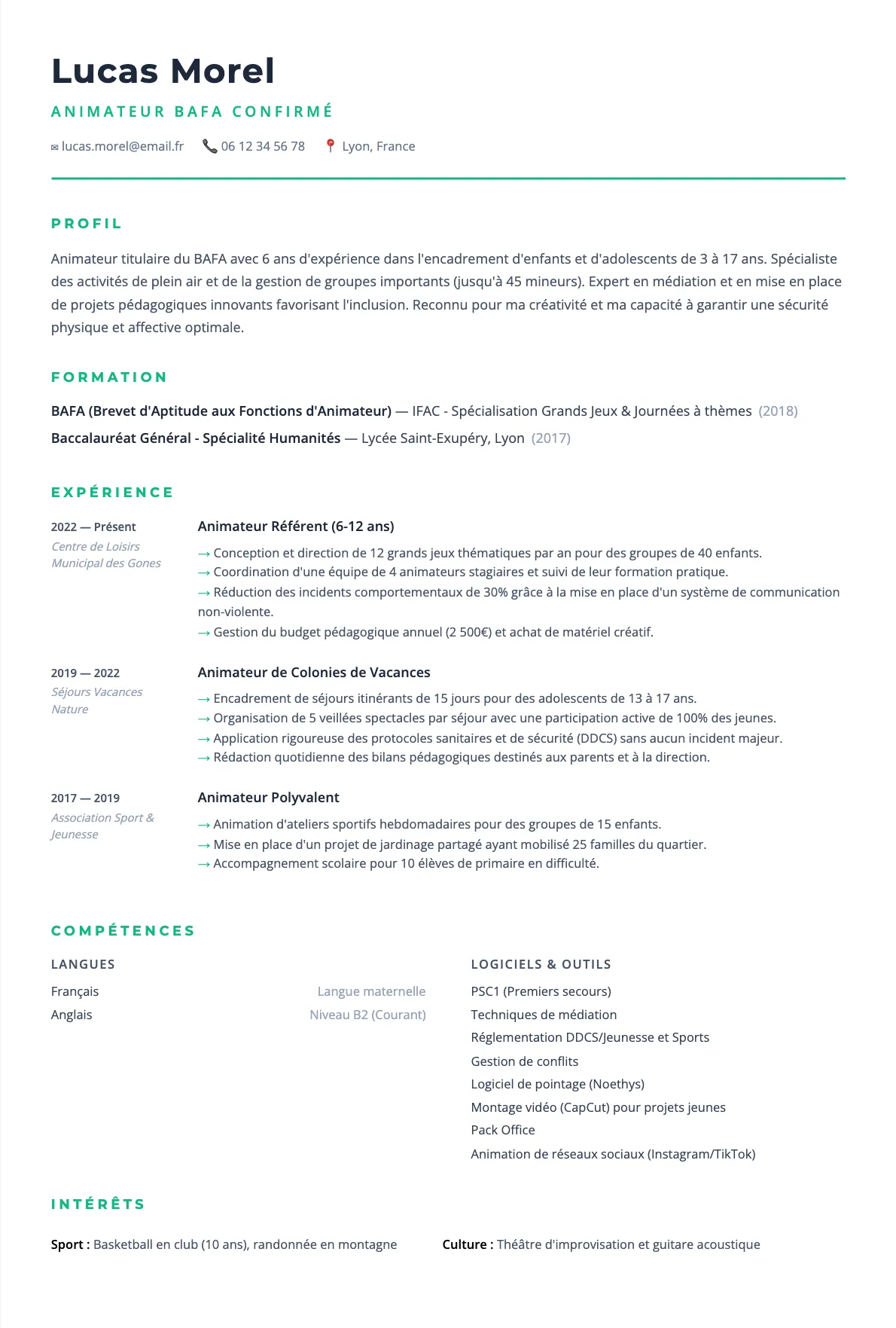 Exemple de CV Animateur BAFA Confirmé (modèle minimaliste) créé avec CV Boost