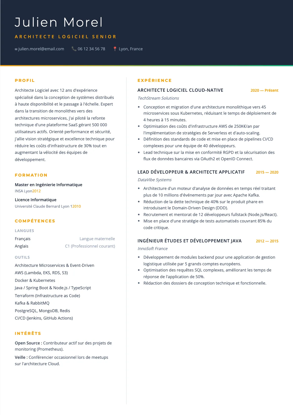 Exemple de CV Architecte Logiciel Senior (modèle executive) créé avec CV Boost