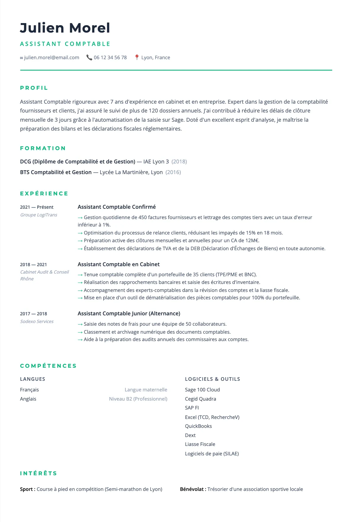 Exemple de CV Assistant Comptable (modèle minimaliste) créé avec CV Boost
