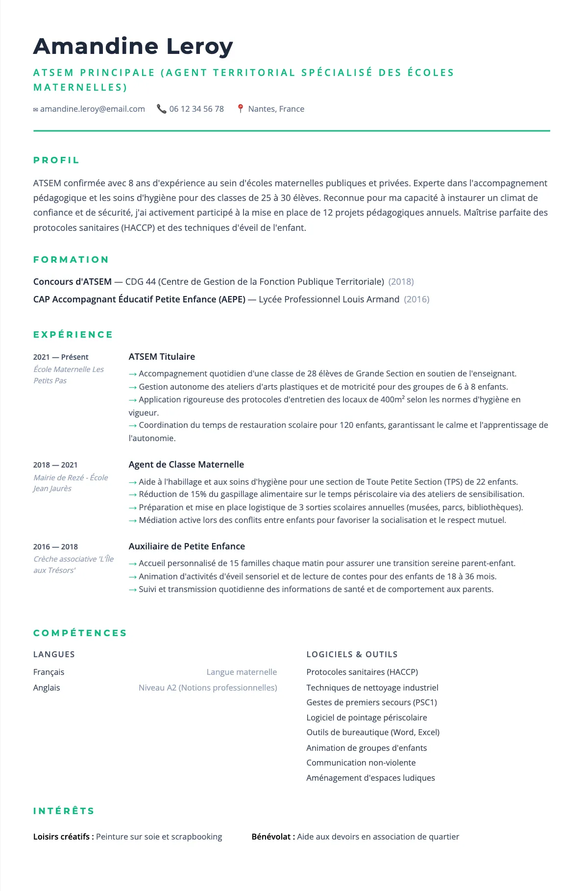 Exemple de CV ATSEM Principale (Agent Territorial Spécialisé des Écoles Maternelles) (modèle minimaliste) créé avec CV Boost