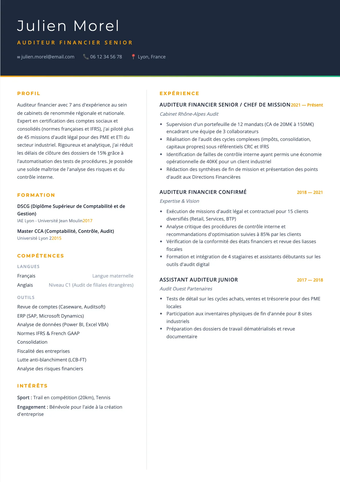 Exemple de CV Auditeur Financier Senior (modèle executive) créé avec CV Boost
