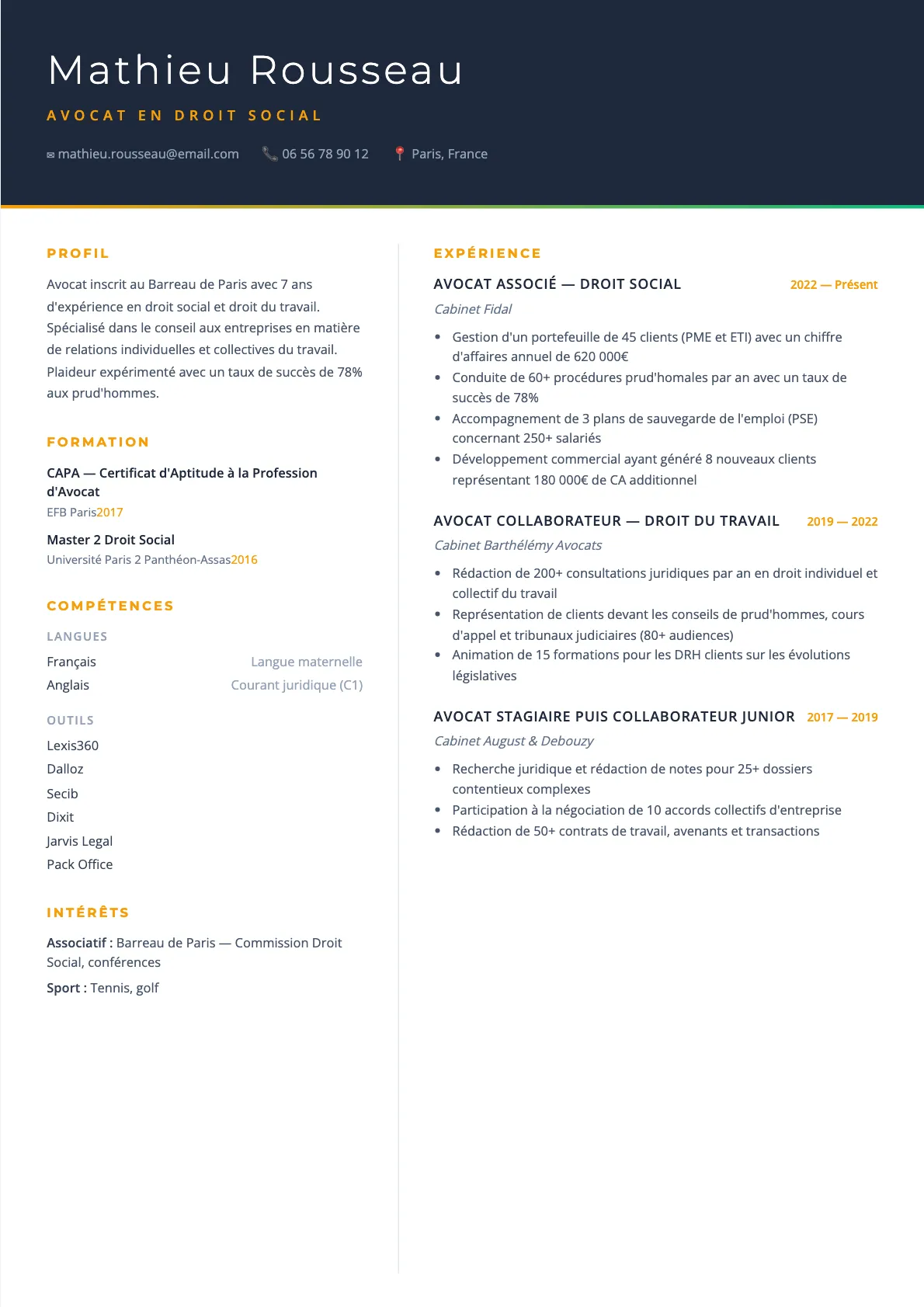 Exemple de CV Avocat en Droit Social (modèle executive) créé avec CV Boost