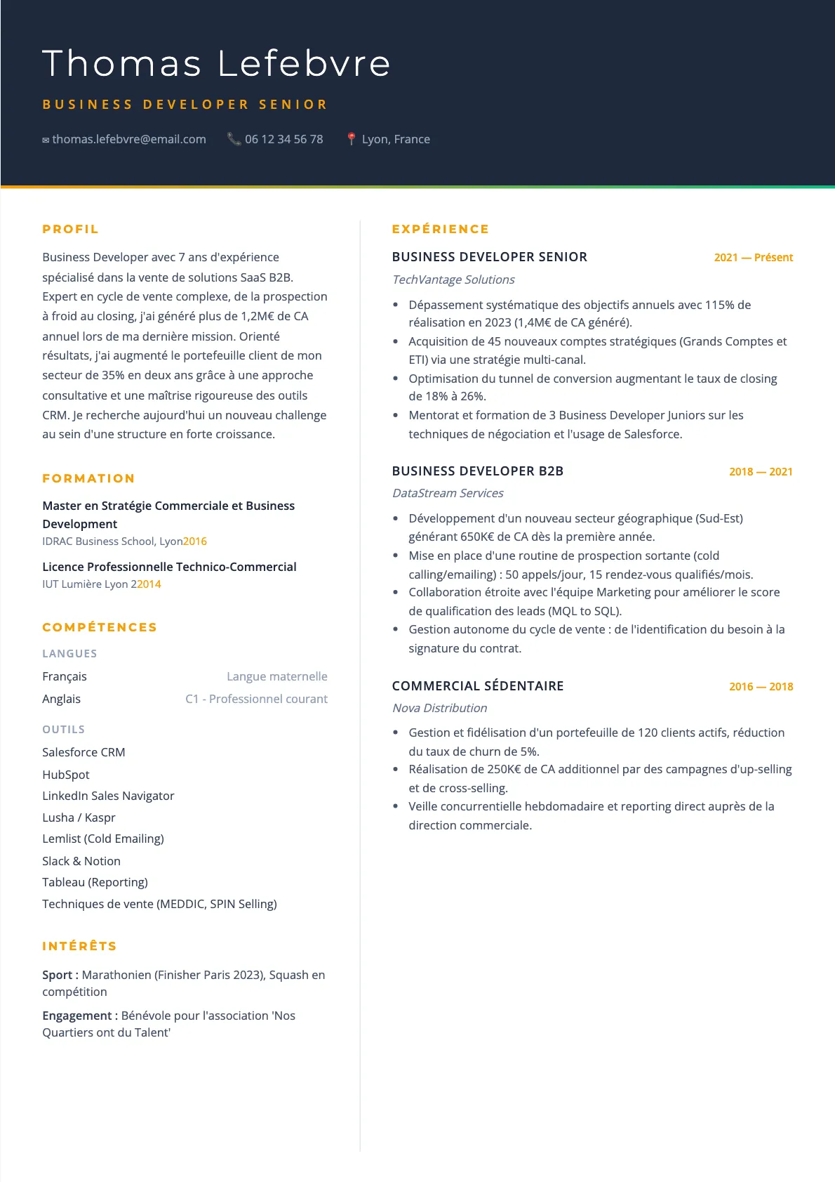Exemple de CV Business Developer Senior (modèle executive) créé avec CV Boost