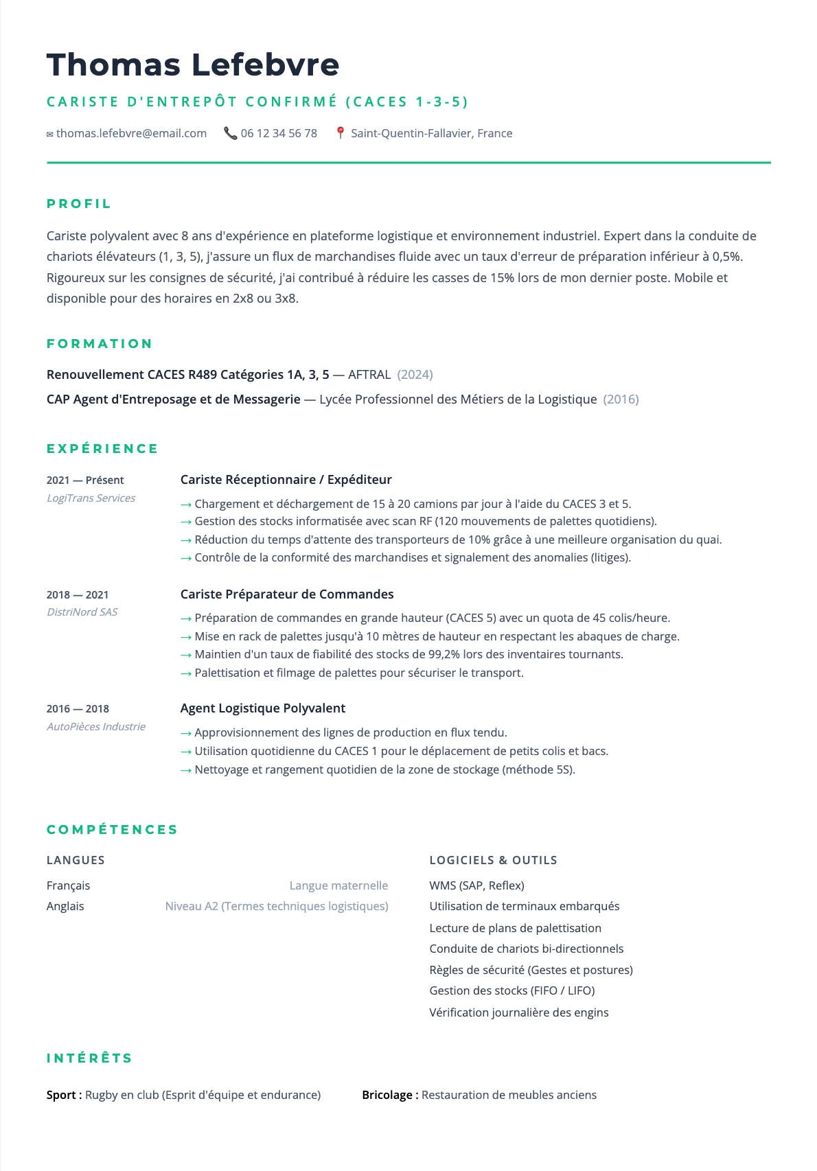 Exemple de CV Cariste d'Entrepôt Confirmé (CACES 1-3-5) (modèle minimaliste) créé avec CV Boost