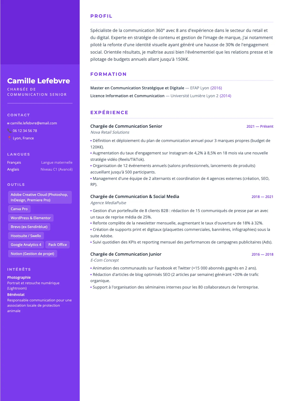 Exemple de CV Chargée de Communication Senior (modèle creatif) créé avec CV Boost