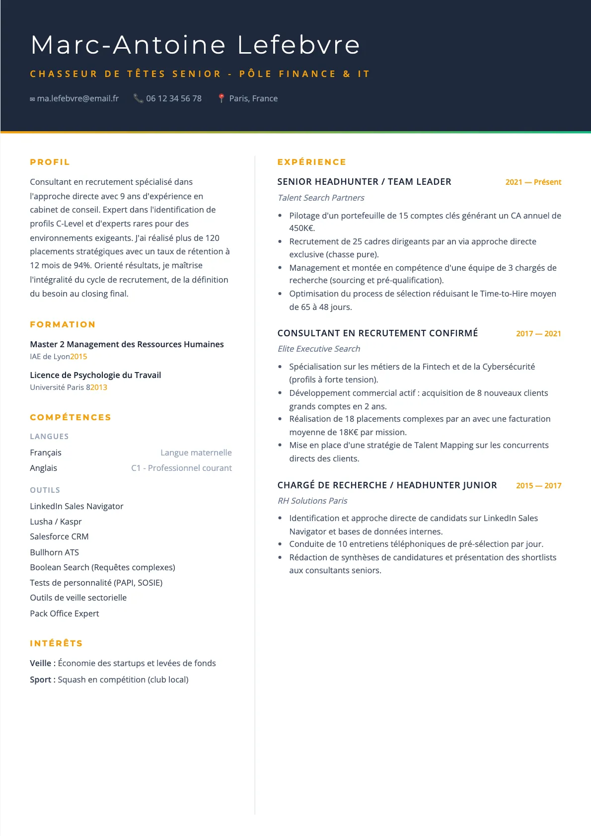 Exemple de CV Chasseur de Têtes Senior - Pôle Finance & IT (modèle executive) créé avec CV Boost