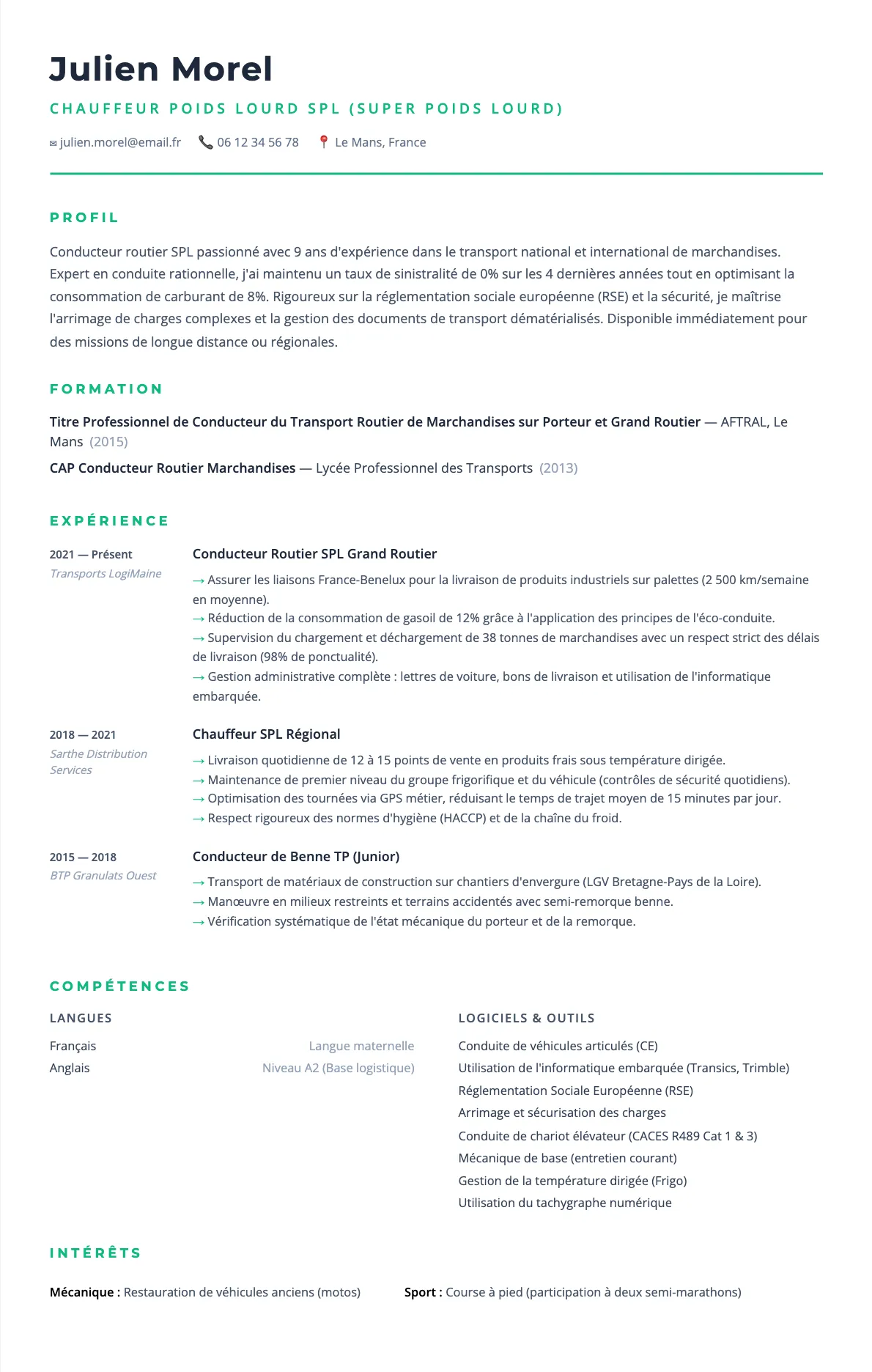 Exemple de CV Chauffeur Poids Lourd SPL (Super Poids Lourd) (modèle minimaliste) créé avec CV Boost