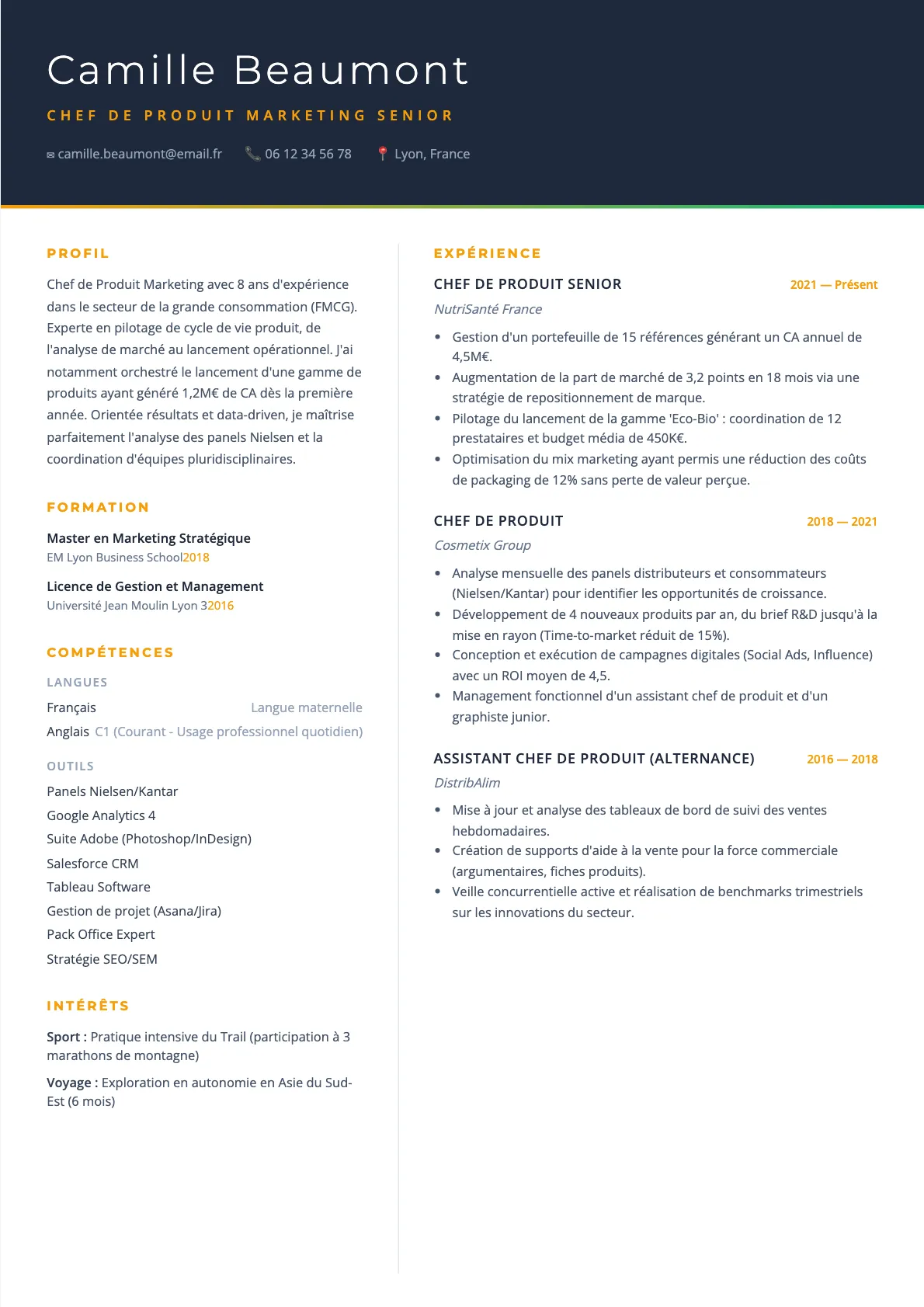Exemple de CV Chef de Produit Marketing Senior (modèle executive) créé avec CV Boost