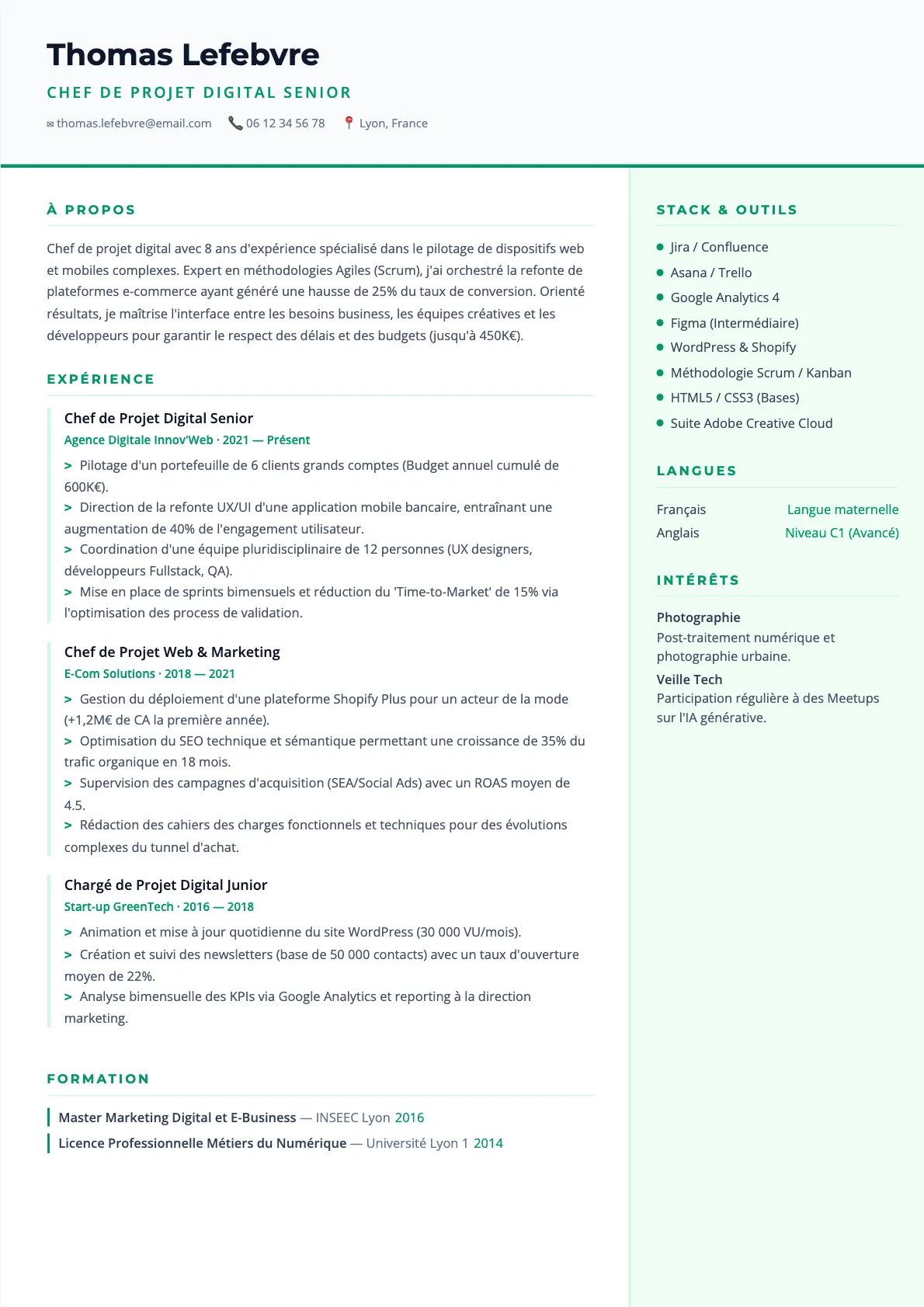Exemple de CV Chef de Projet Digital Senior (modèle tech) créé avec CV Boost