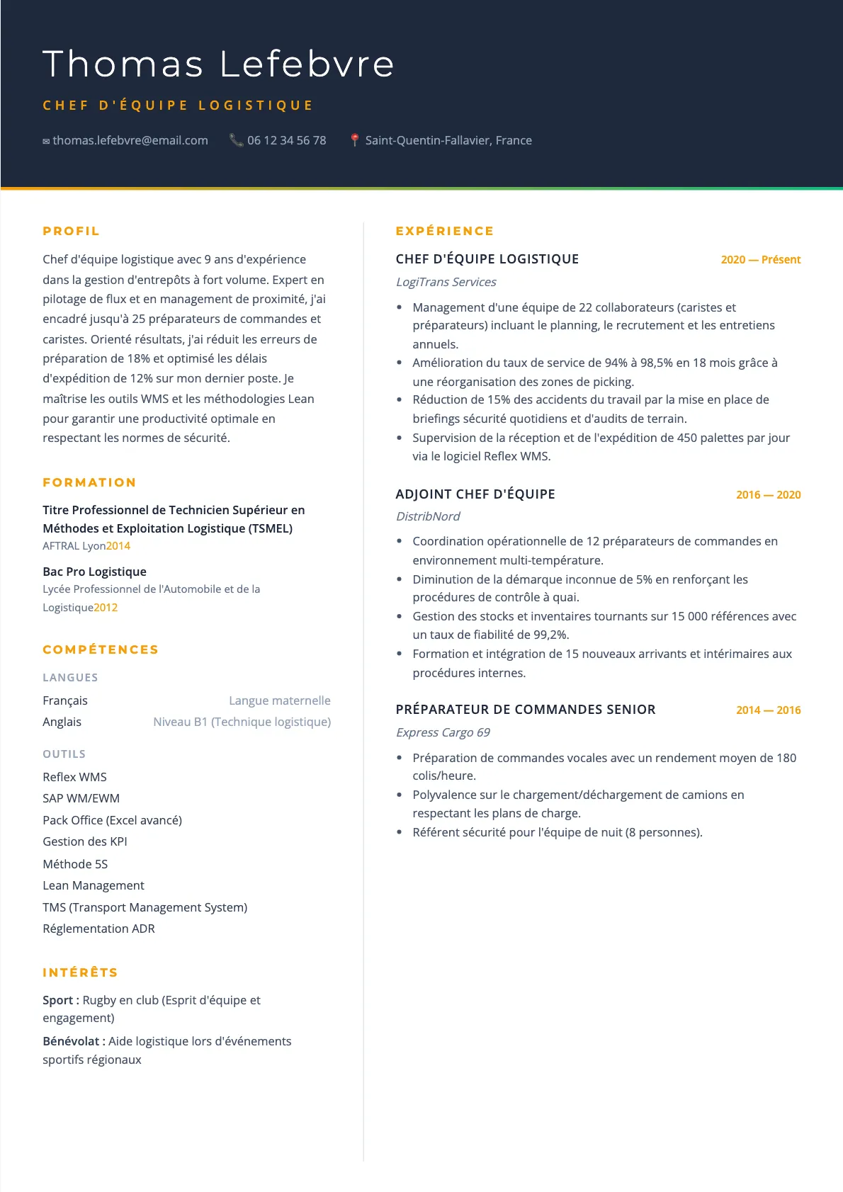 Exemple de CV Chef d'Équipe Logistique (modèle executive) créé avec CV Boost