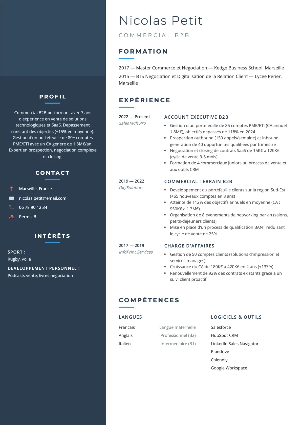 Exemple de CV Commercial B2B (modèle classique) créé avec CV Boost