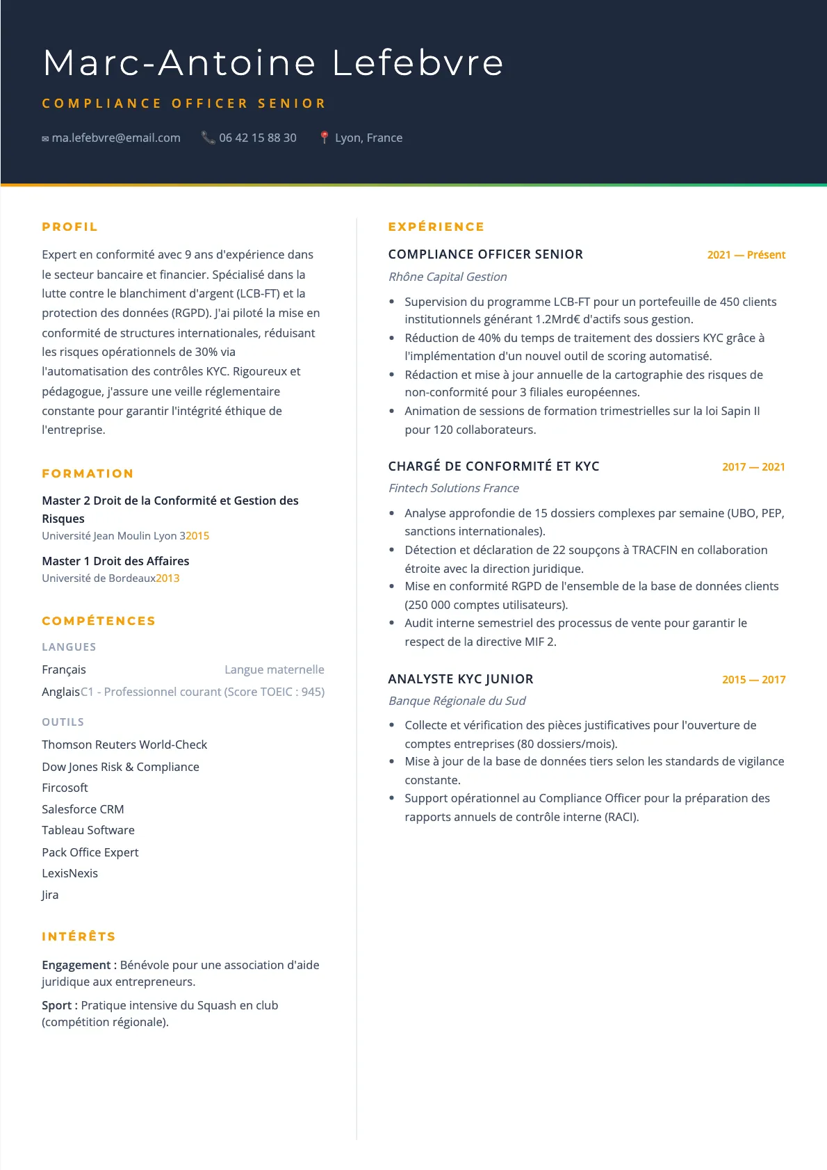 Exemple de CV Compliance Officer Senior (modèle executive) créé avec CV Boost