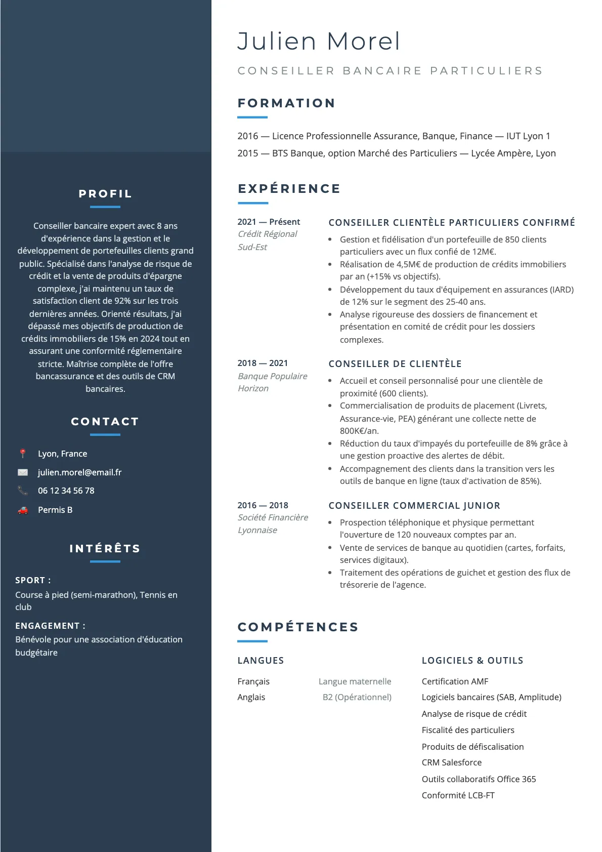 Exemple de CV Conseiller Bancaire Particuliers (modèle classique) créé avec CV Boost