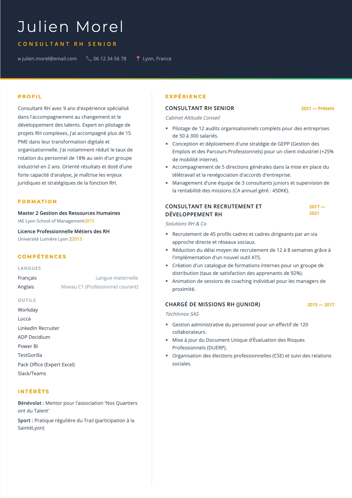 Exemple de CV Consultant RH Senior (modèle executive) créé avec CV Boost