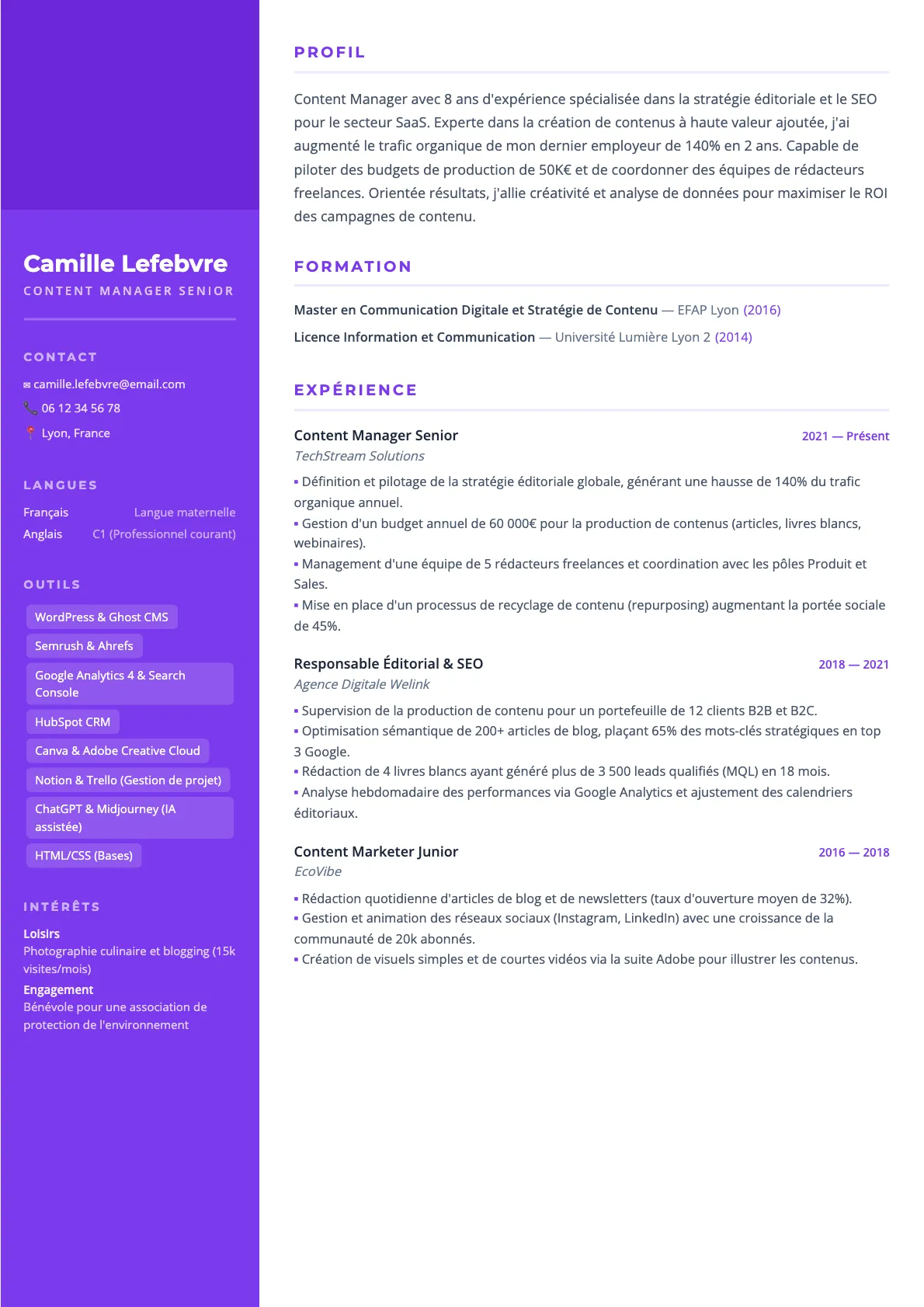 Exemple de CV Content Manager Senior (modèle creatif) créé avec CV Boost