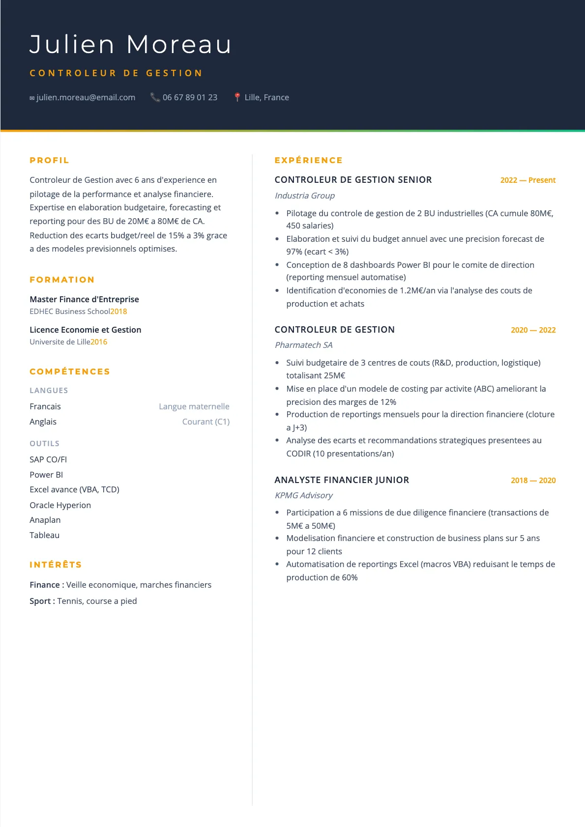 Exemple de CV Controleur de Gestion (modèle executive) créé avec CV Boost