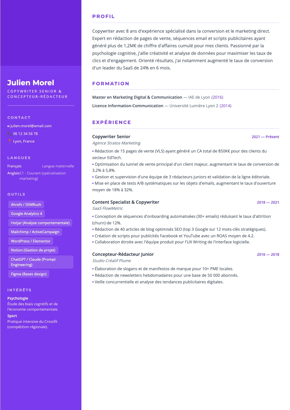 Exemple de CV Copywriter Senior & Concepteur-Rédacteur (modèle creatif) créé avec CV Boost
