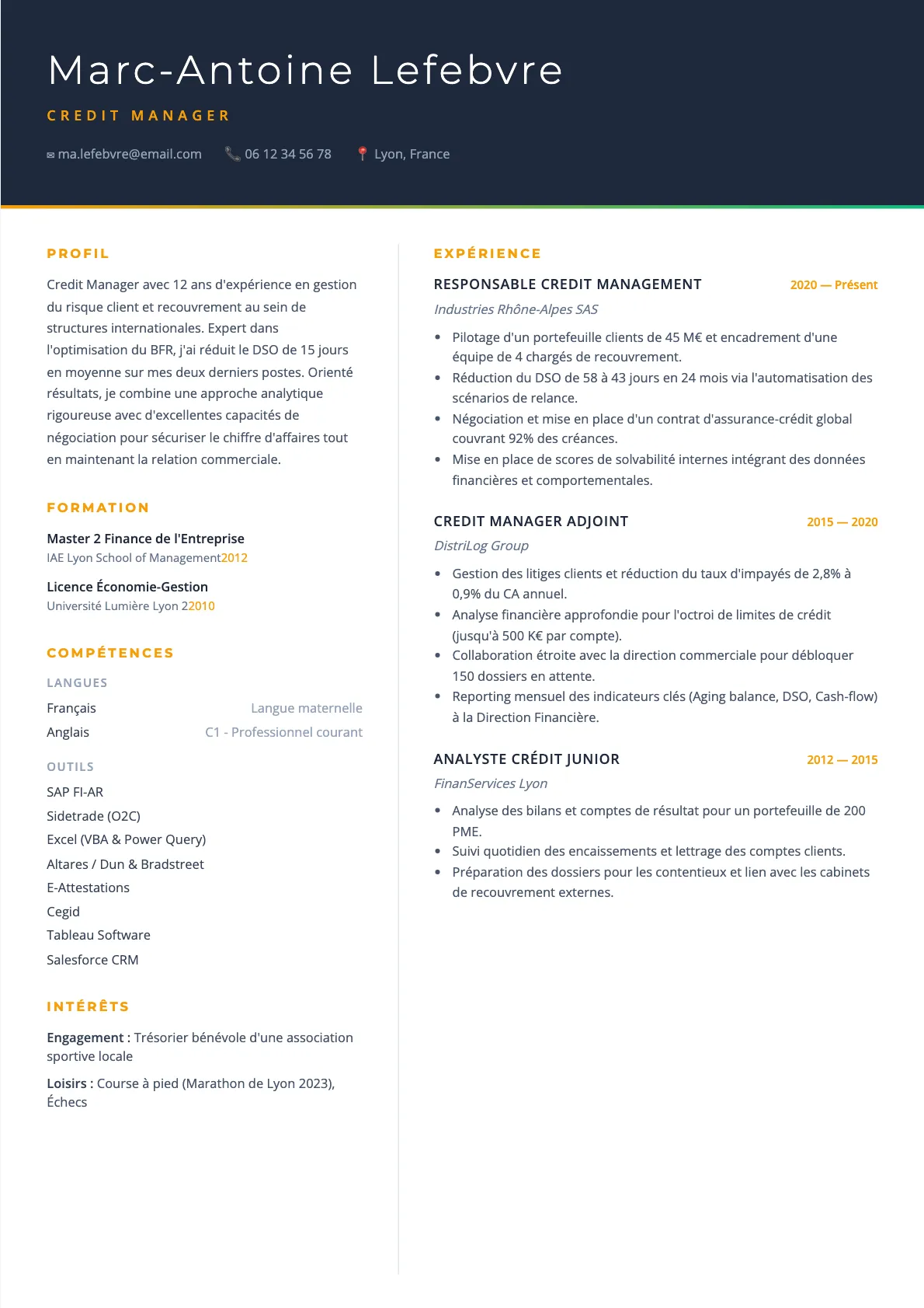 Exemple de CV Credit Manager (modèle executive) créé avec CV Boost