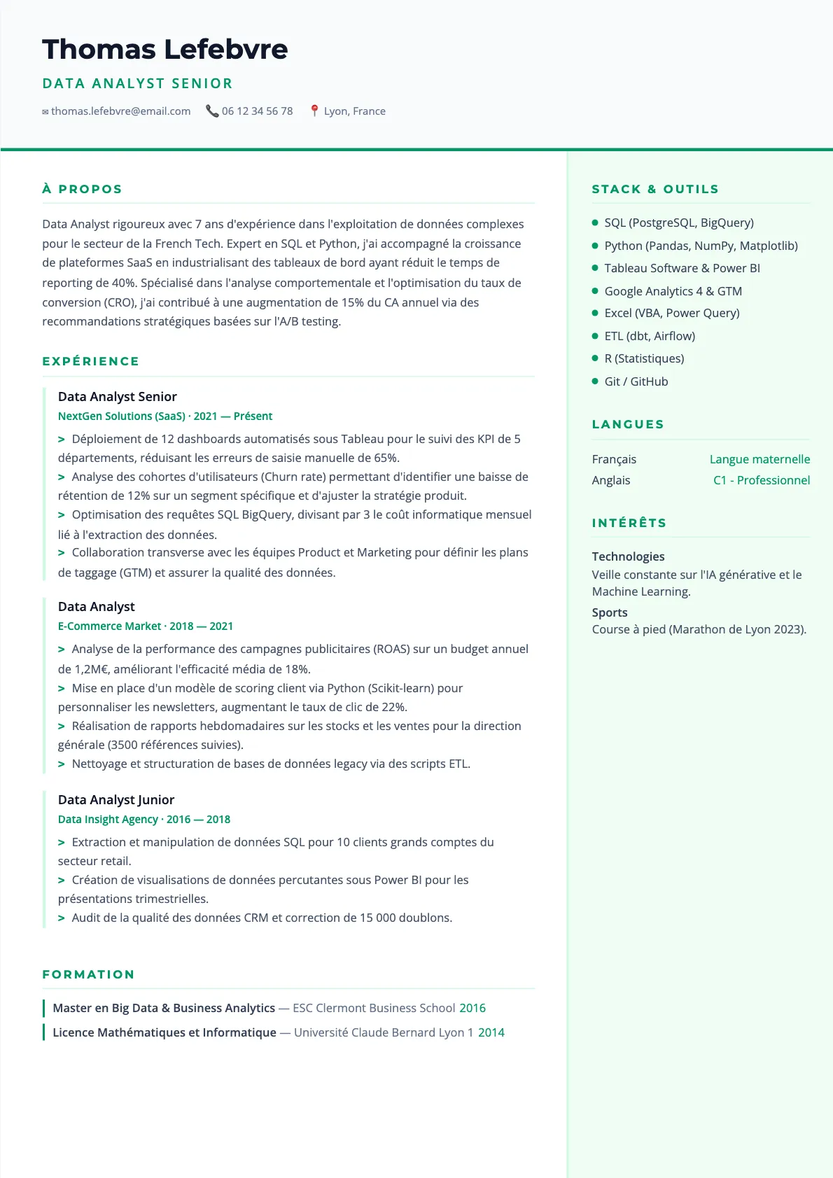 Exemple de CV Data Analyst Senior (modèle tech) créé avec CV Boost