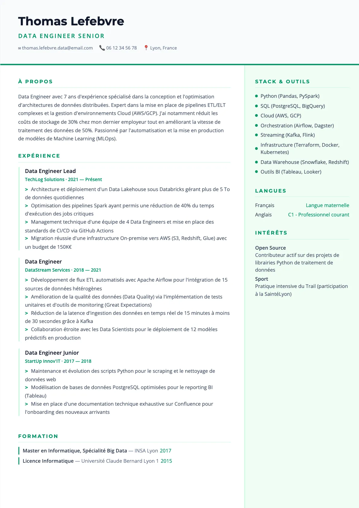 Exemple de CV Data Engineer Senior (modèle tech) créé avec CV Boost