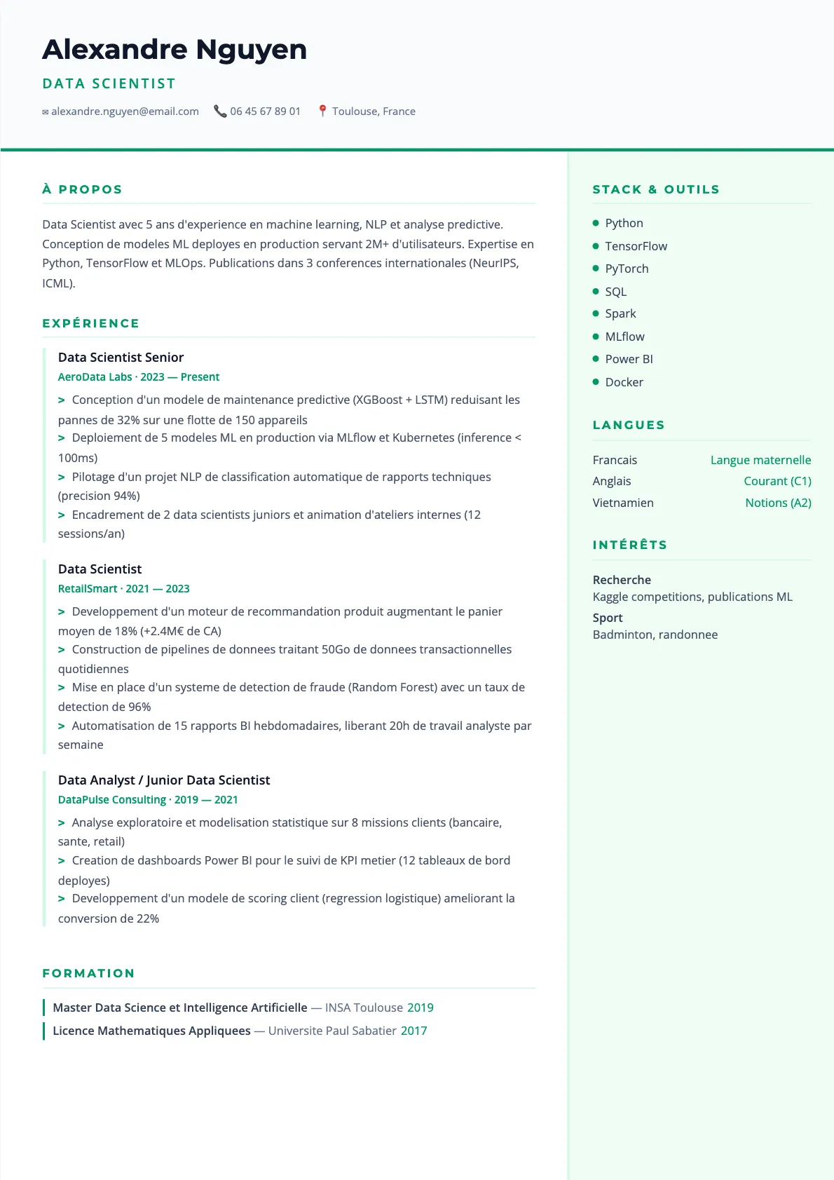 Exemple de CV Data Scientist (modèle tech) créé avec CV Boost