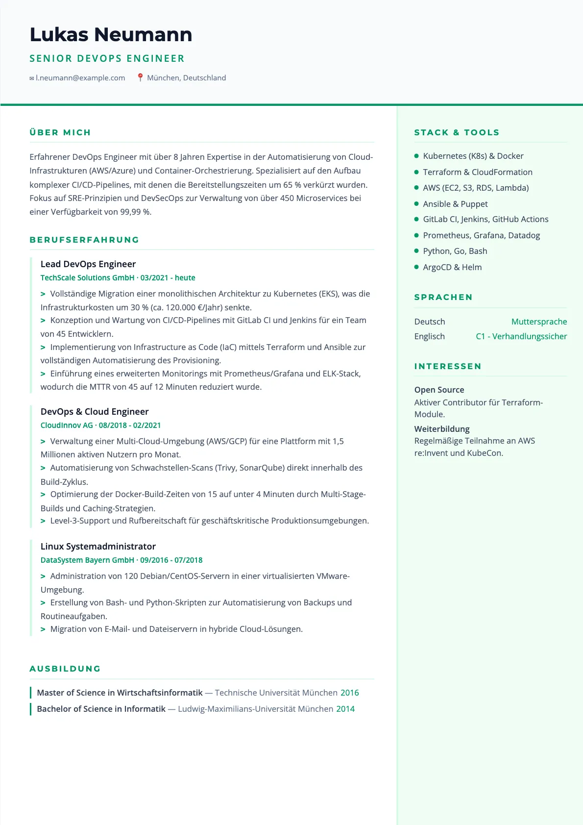 Muster für den DevOps Engineer Lebenslauf 2026