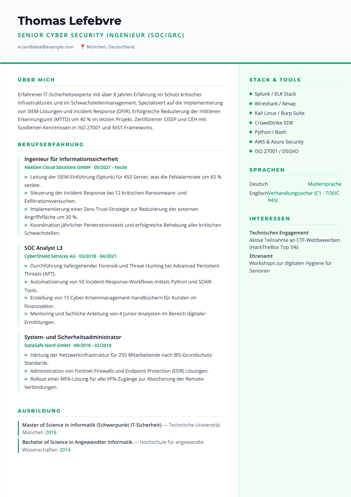 Lebenslauf Cyber Security Ingenieur 2026: Muster und Tipps