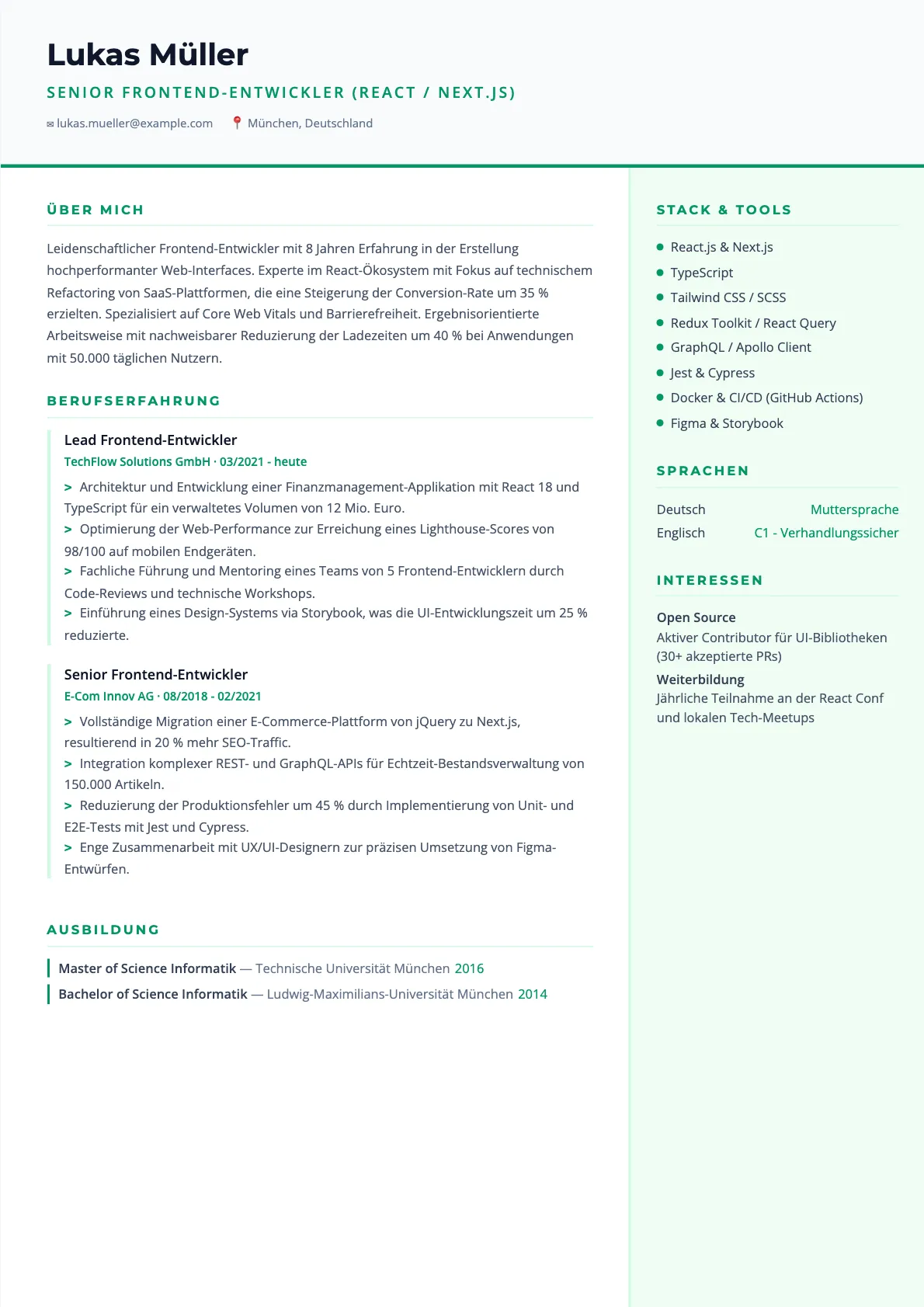 Lebenslauf Frontend-Entwickler 2026: Muster und Tipps
