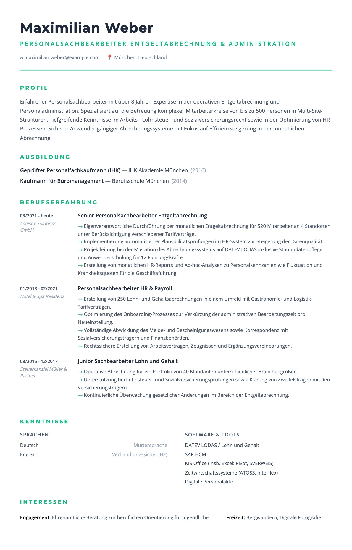 Lebenslauf Personalsachbearbeiter Personaladministration: Muster 2026
