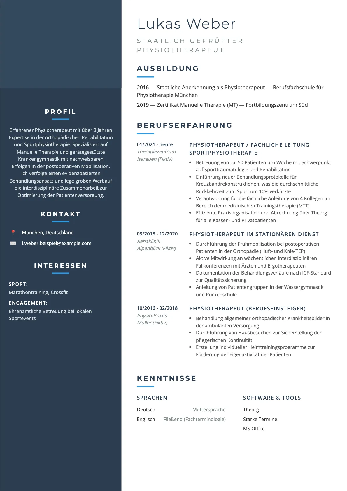Muster-Lebenslauf für Physiotherapeuten 2026