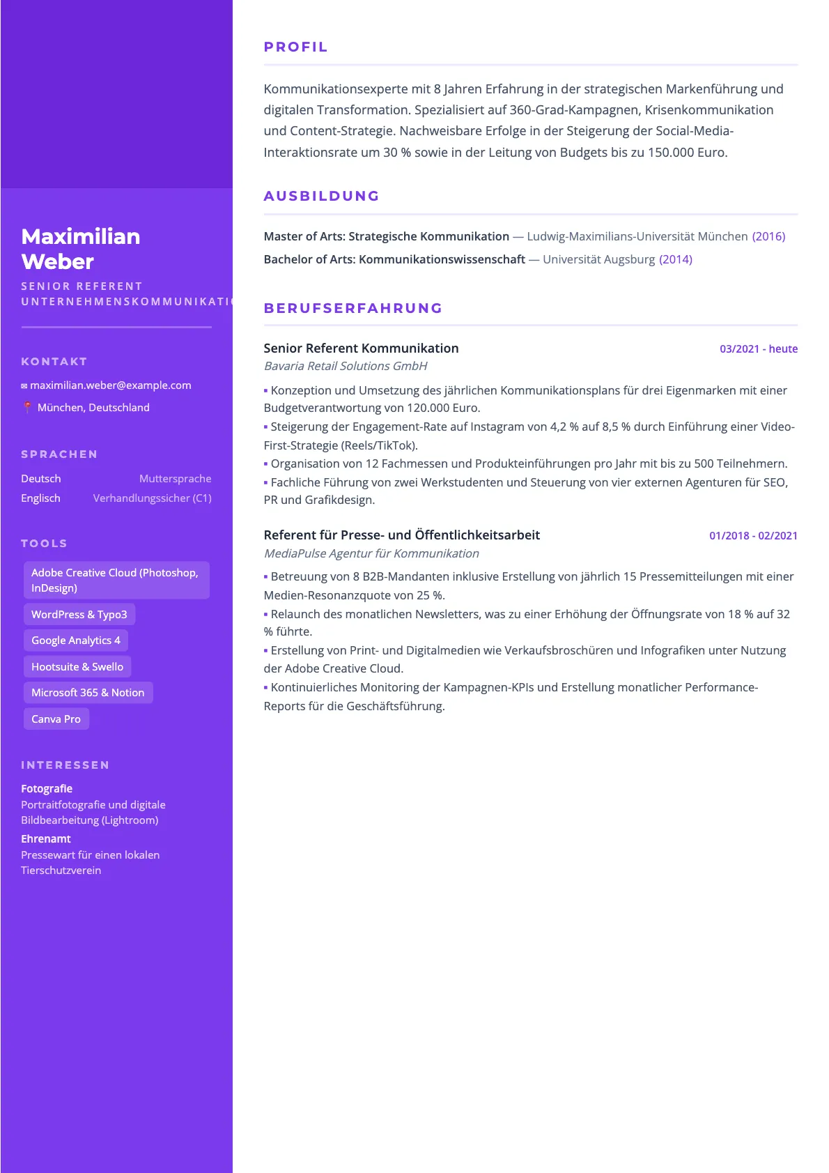 Beispiel Lebenslauf Referent Kommunikation 2026