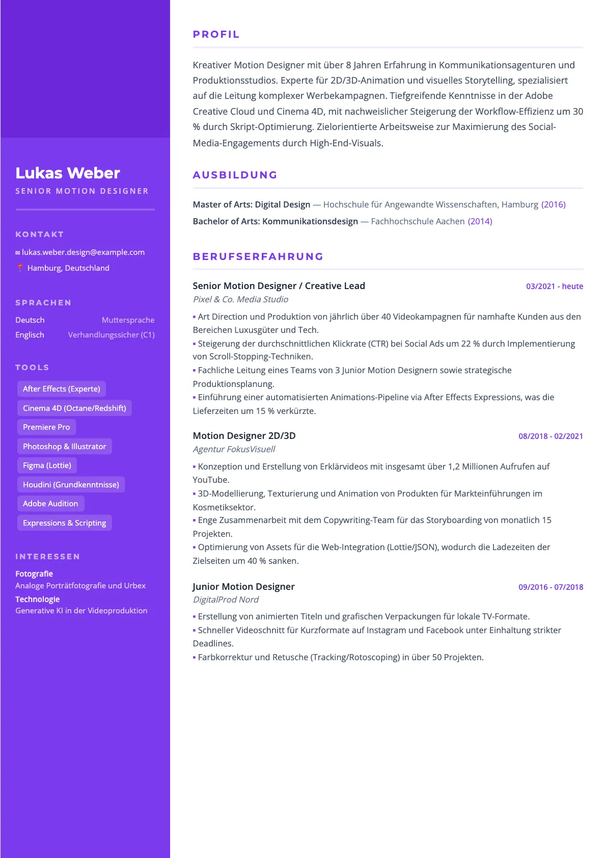 Muster für den Motion Designer Lebenslauf 2026