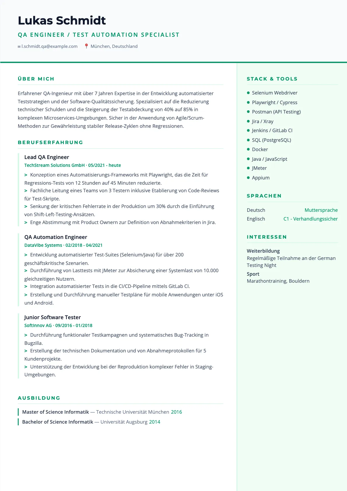 Muster für den QA-Ingenieur Lebenslauf 2026