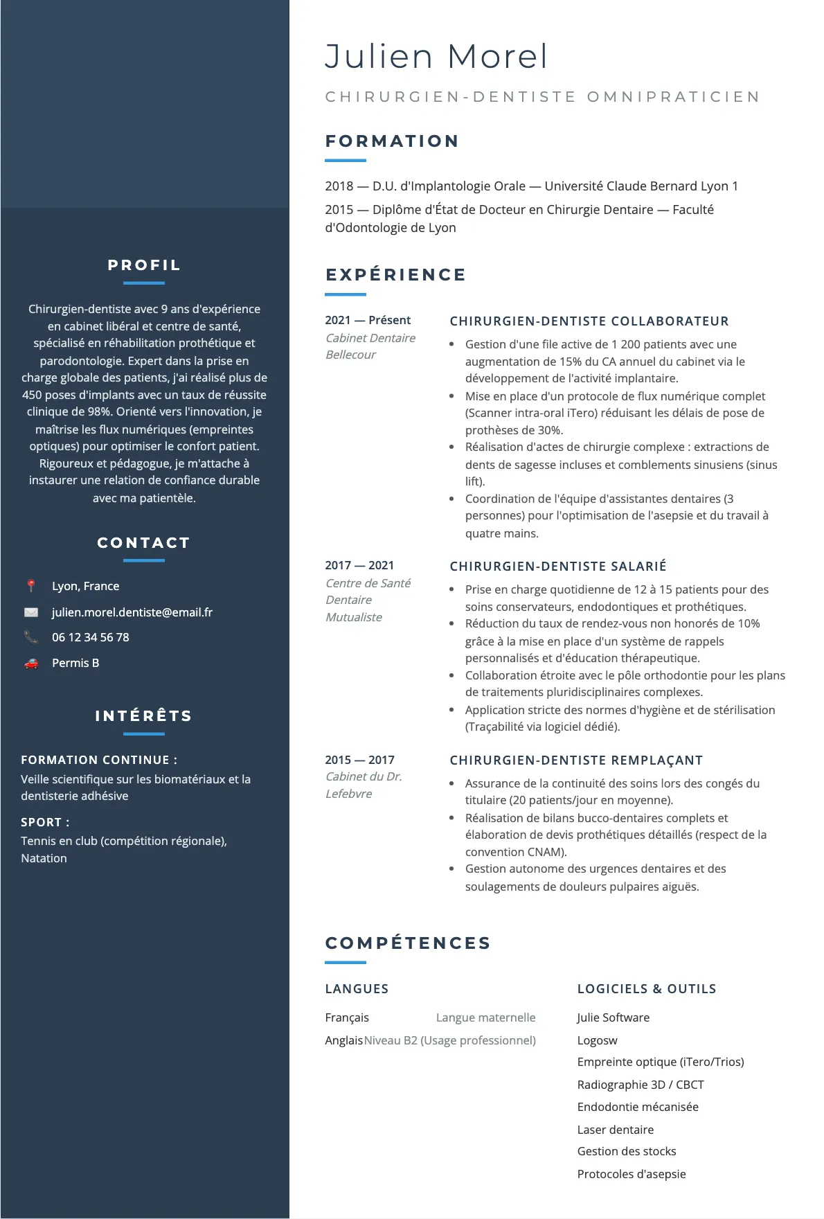 Exemple de CV Chirurgien-Dentiste Omnipraticien (modèle classique) créé avec CV Boost