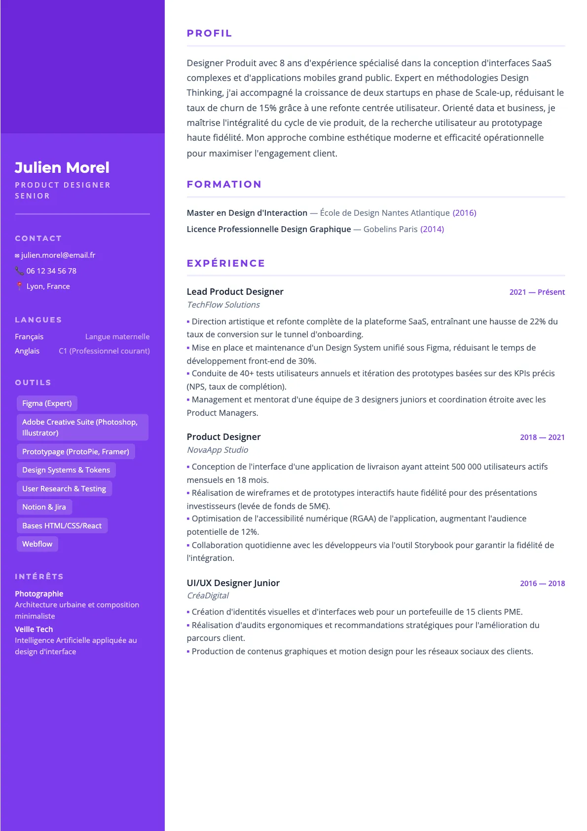 Exemple de CV Product Designer Senior (modèle creatif) créé avec CV Boost