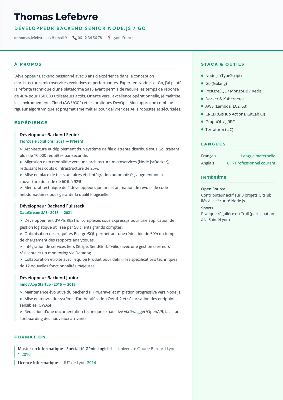 Exemple de CV Développeur Backend Senior Node.js / Go (modèle tech) créé avec CV Boost