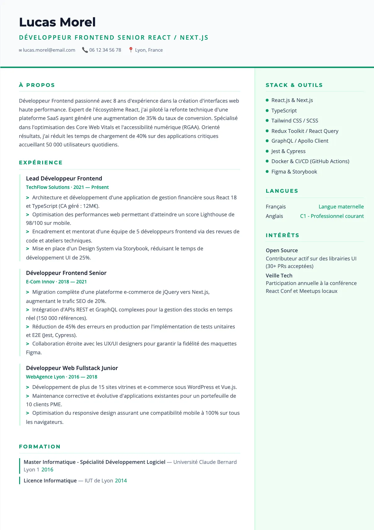 Exemple de CV Développeur Frontend Senior React / Next.js (modèle tech) créé avec CV Boost