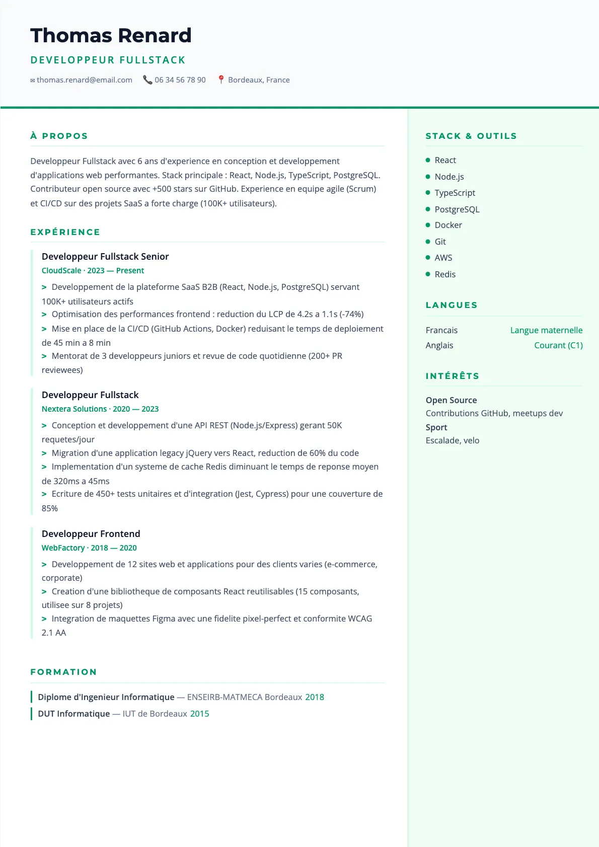 Exemple de CV Developpeur Fullstack (modèle tech) créé avec CV Boost