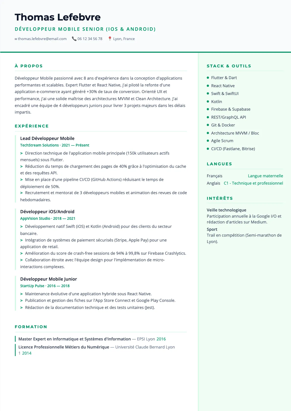 Exemple de CV Développeur Mobile Senior (iOS & Android) (modèle tech) créé avec CV Boost