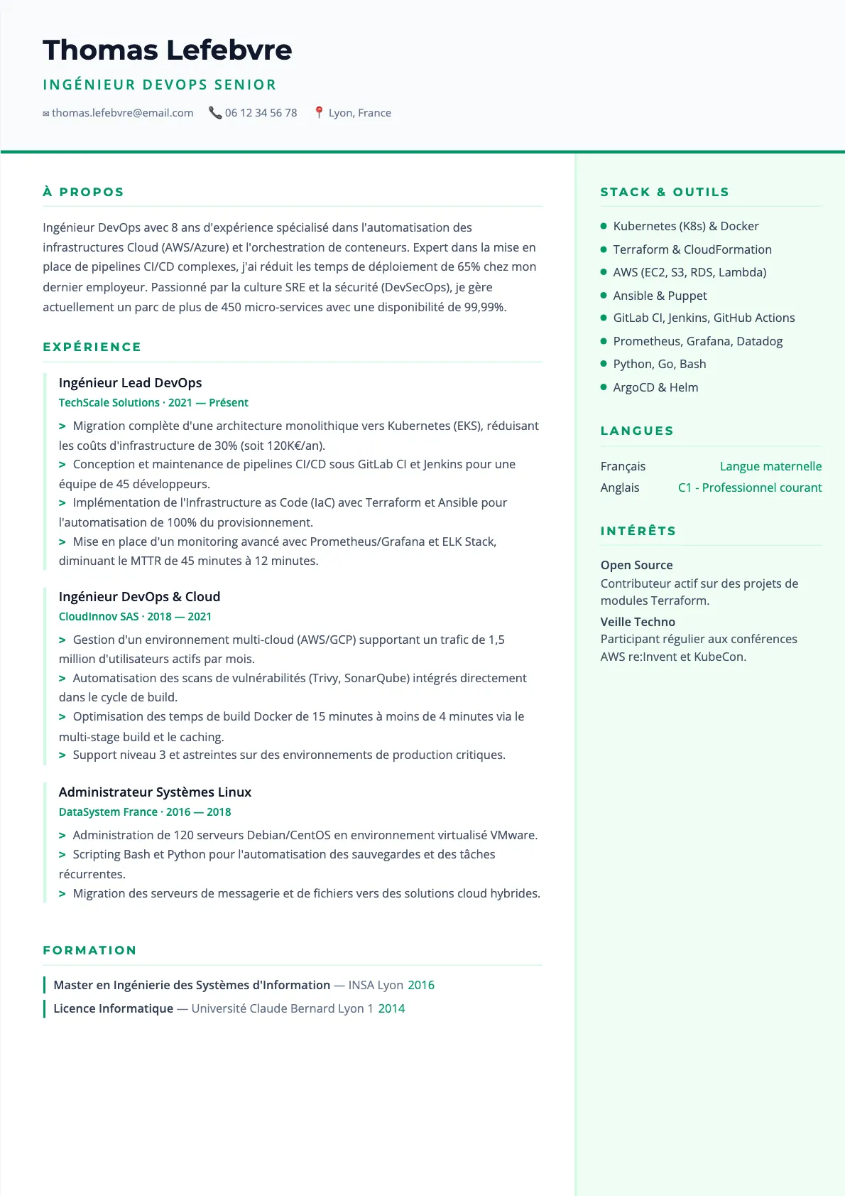Exemple de CV Ingénieur DevOps Senior (modèle tech) créé avec CV Boost