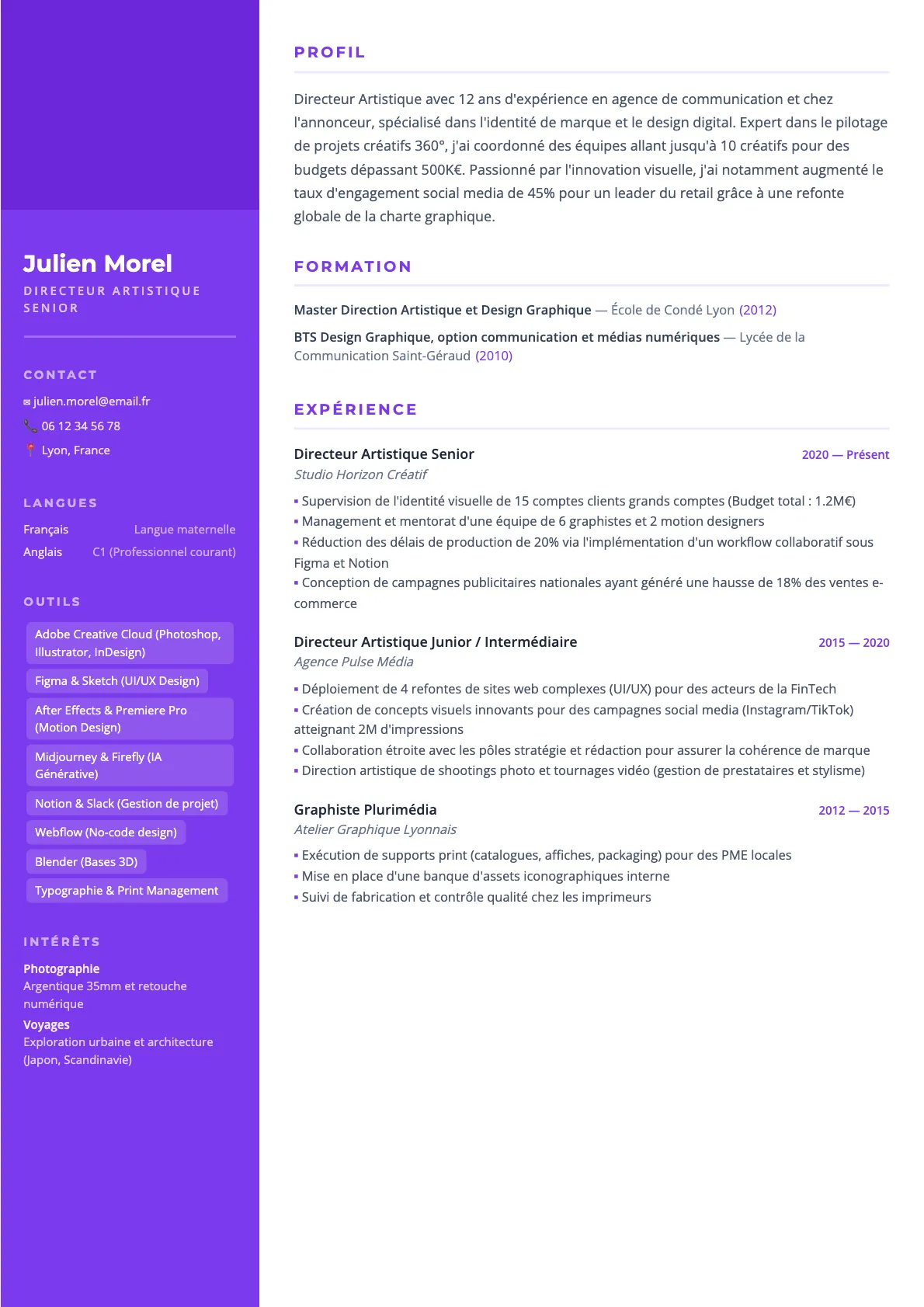 Exemple de CV Directeur Artistique Senior (modèle creatif) créé avec CV Boost
