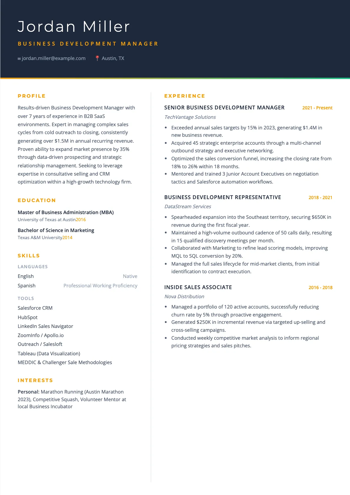 Business Development Manager Resume Example 2026