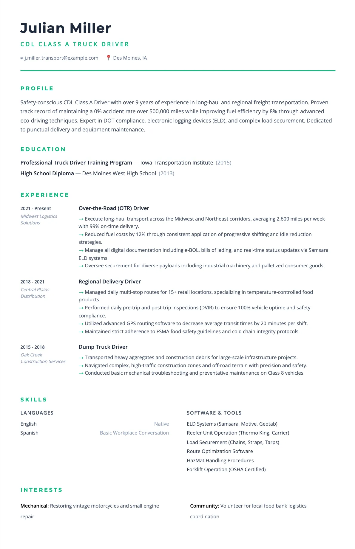CDL Class A Truck Driver Resume Example & Guide 2026