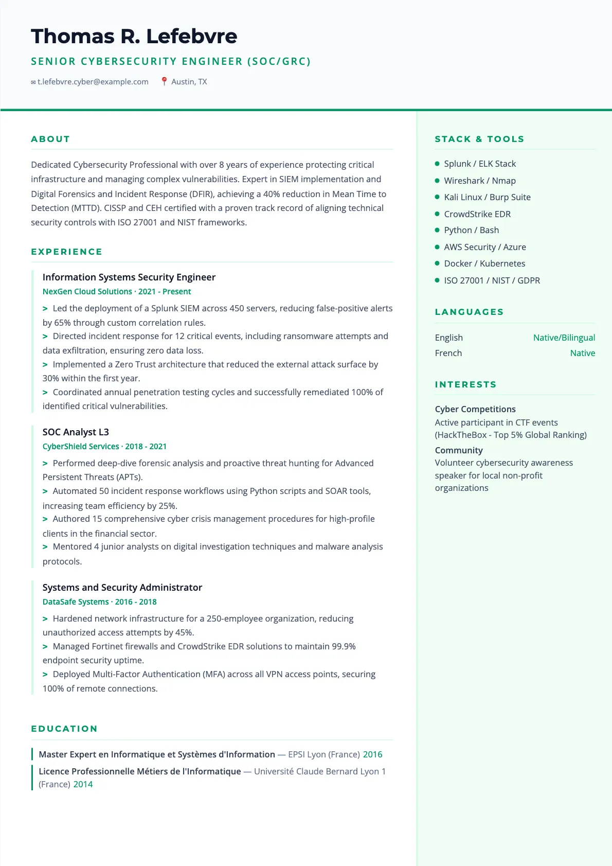 Cybersecurity Engineer Resume Example 2026