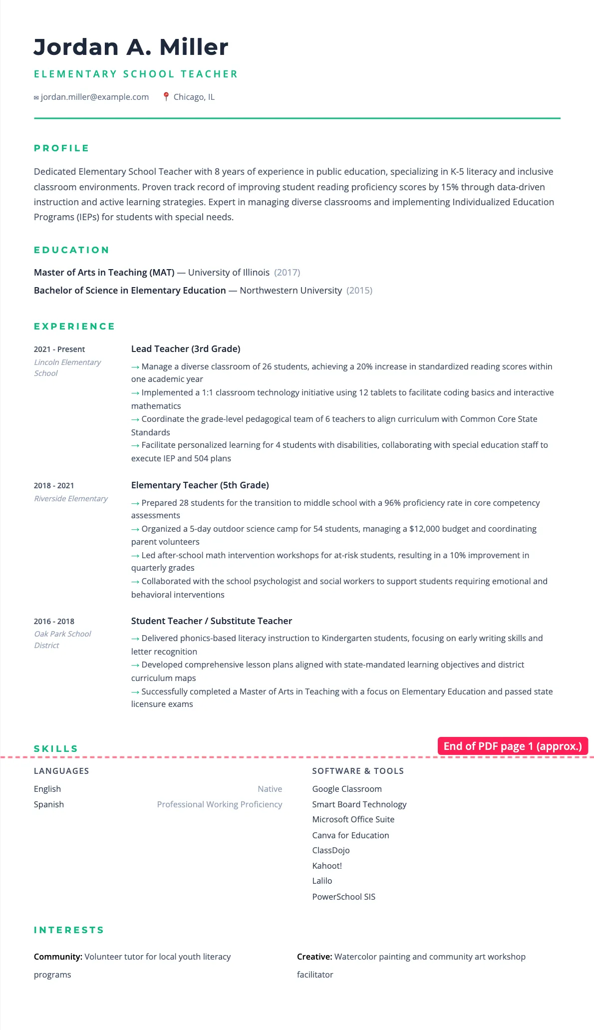 Elementary School Teacher Resume Example and Guide