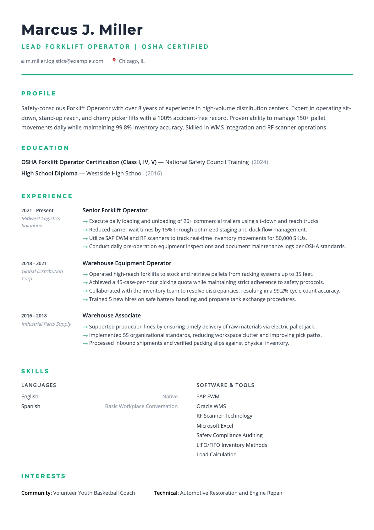 Forklift Operator Resume Example 2026
